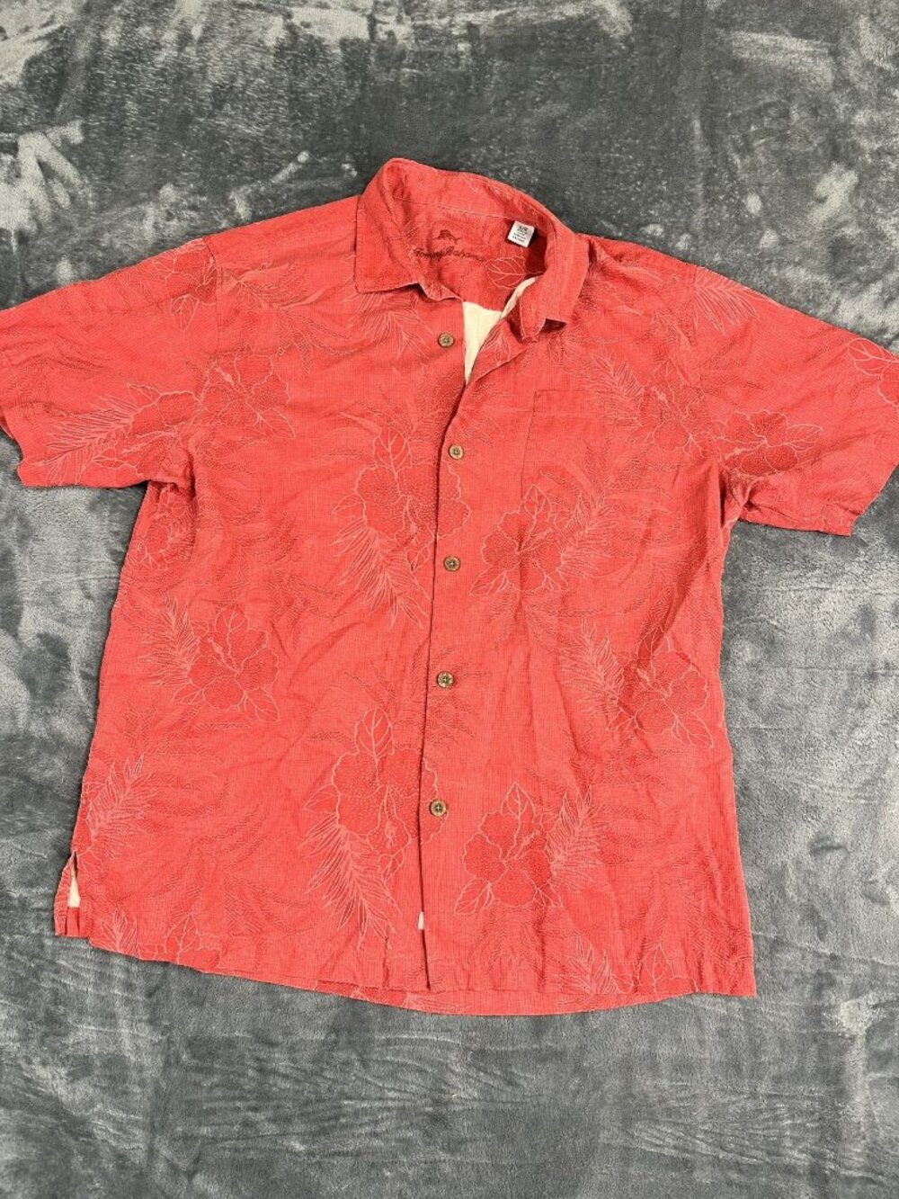 Tommy Bahama Mens Red Hawaiian Floral Short Sleeve Button-Up Shirt L